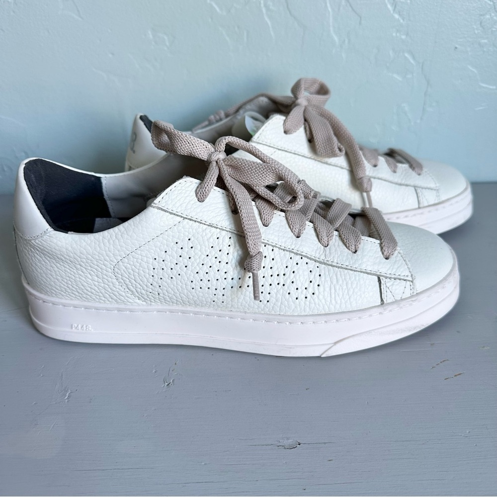 P448 Women‎ John Sneaker White Leather Pink Sole & Laces Sparkle Tongue 7.5 EUC